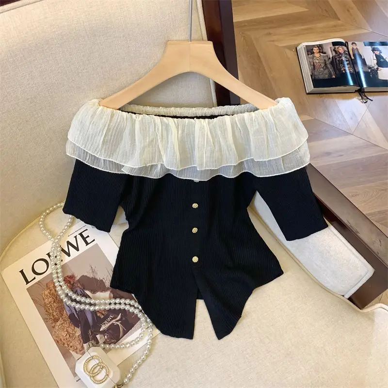 French Style Contrast-Color Ruffled off-Shoulder Short-Sleeved T-shirt Women's Summer Design Sense Niche Unique Chic Beautiful Top