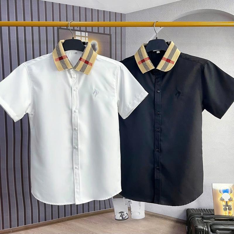 Áo sơ mi nam tay ngắn thêu ngựa cổ phối sọc vải lụa mịn thoáng mát màu đen trắng -CS77 STORE Menswear Cổ Tròn