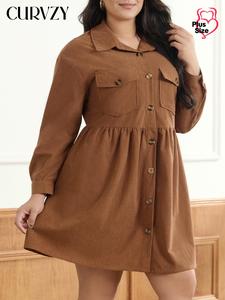 CURVZY Plus Size Solid Button Front Pocket Corduroy Shirt Dress, Casual Long Sleeve Collared Dress for Daily Outdoor Wear, Women Clothing for All Seasons