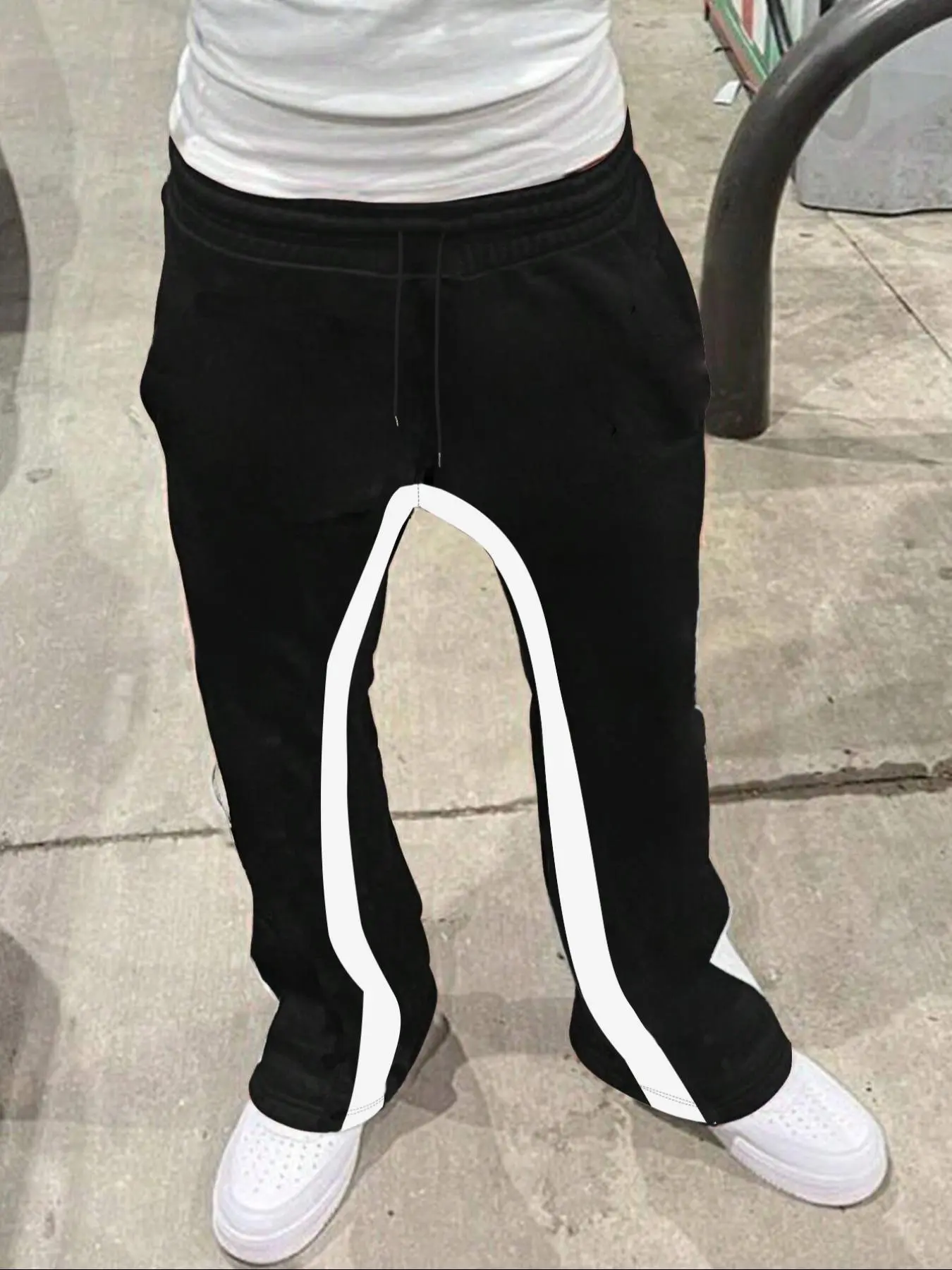 Men's Patchwork Drawstring Waist Flare Leg Pants, Casual Comfy Pocket Trousers for Daily Wear, Men's Bottoms for Fall & Winter