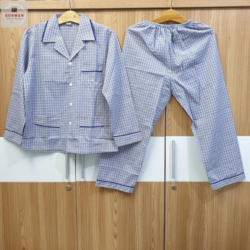 HCM Đồ bộ pijama nam trung niên cao cấp mặc nhà chất vải kate thoáng mát ông già kẻ sọc SUNMEN Áo