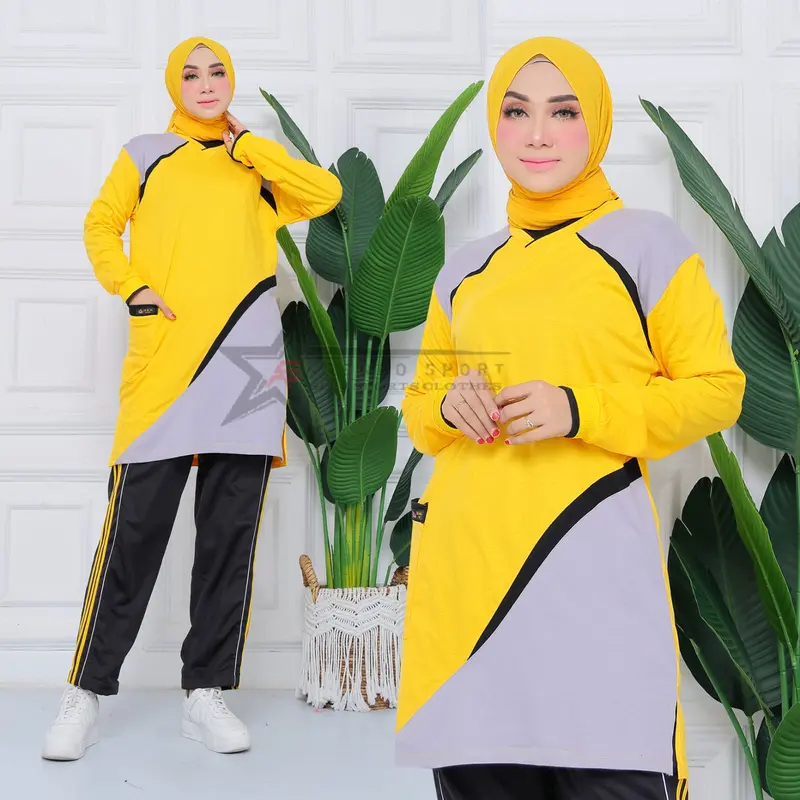 Baju Olahraga Senam Tunik Muslimah / Setelan Baju Olahraga Senam Wanitaah / Seragam Olahraga Senam Terbaru Celana Panjang Muslim Atasan Hitam Sport 1