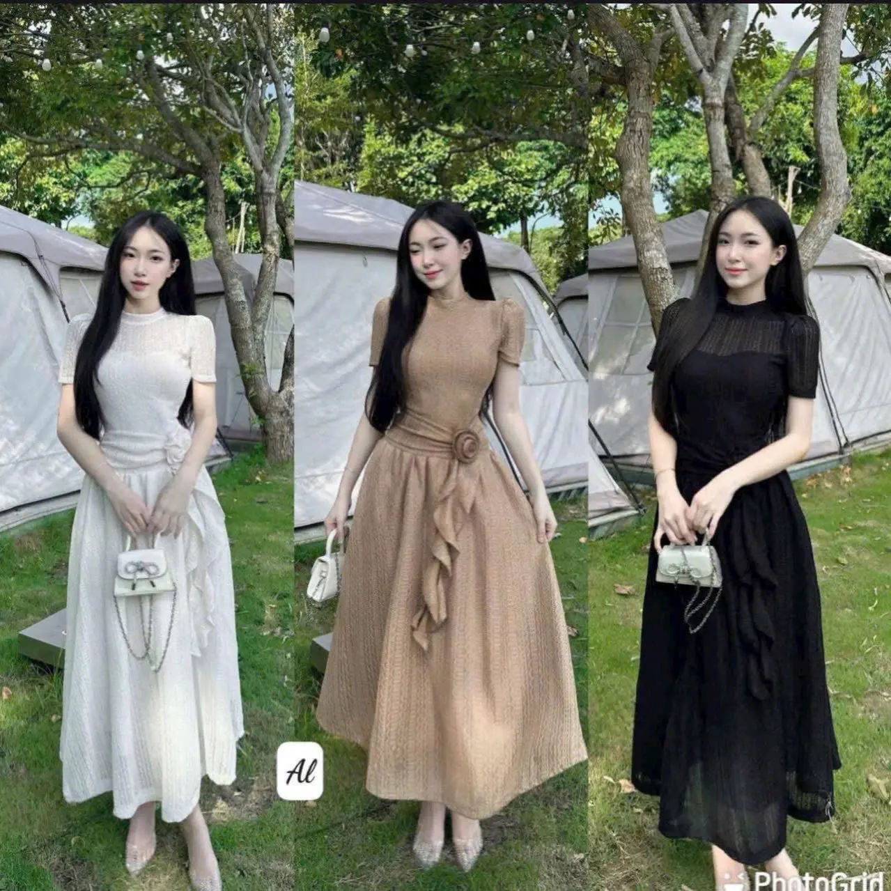 Đầm ren đang bông dài 3 màu y hình Women Nữ Dress Đen