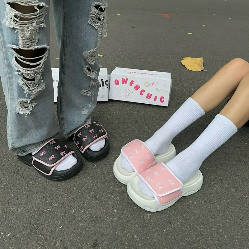 Dép quai Ngang DÁN XE  NƠ THÊU chibi dễ thương đế cao 4cm mềm nhẹ êm chân mẫu mới hot 2024 2