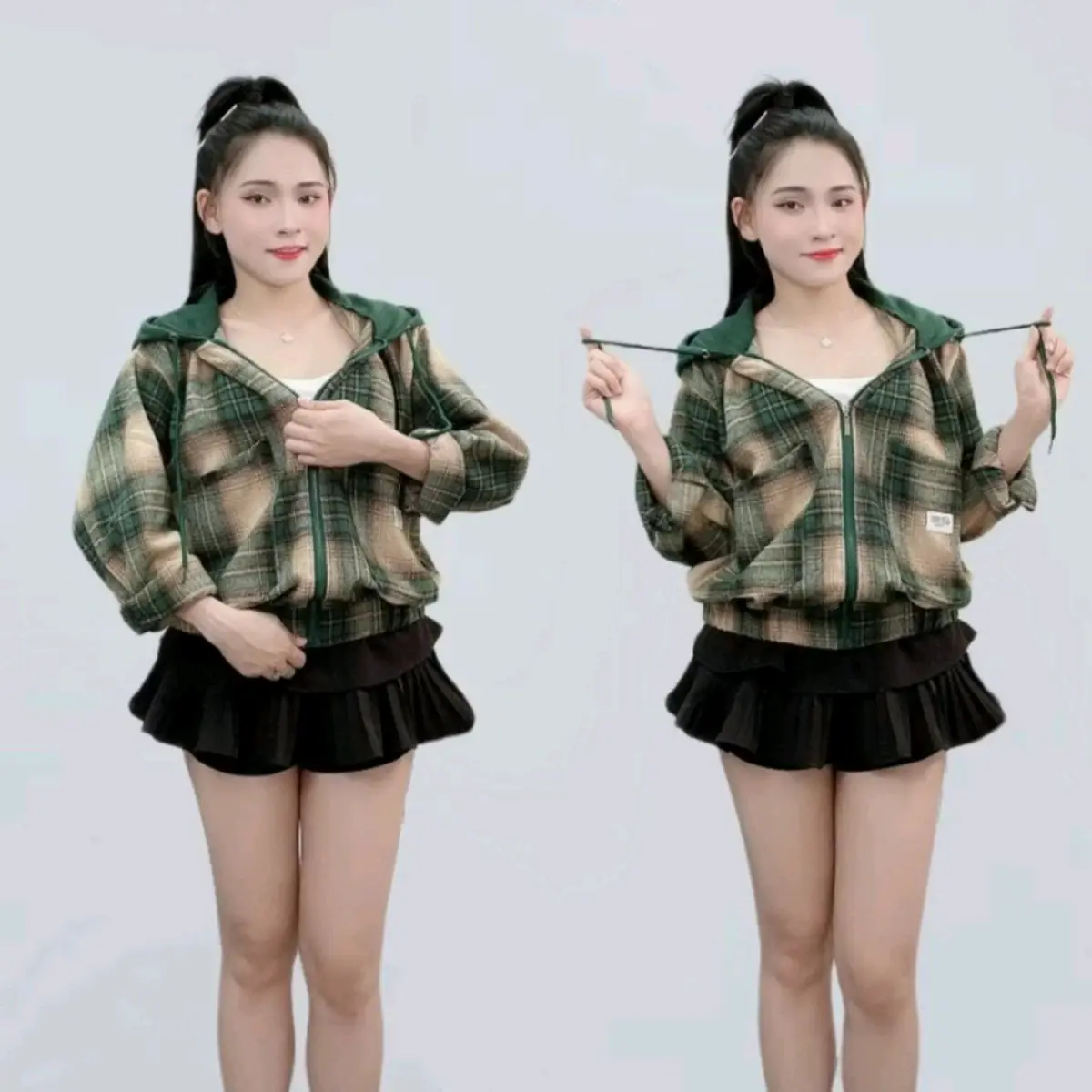 áo khoác nỉ nữ có nón to rộng, túi đắp, chất liệu nỉ cao cấp thiết kế họa tiết caro năng động cá tính