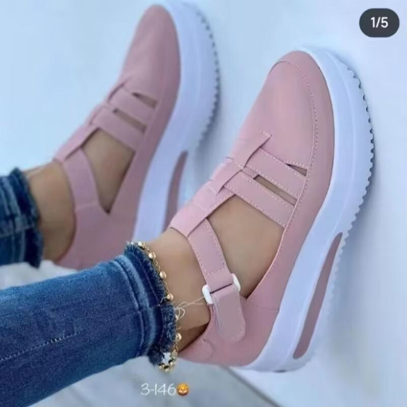 Product Introduction of 2023 Summer New Plus Size Women's Wedge Thick Sole Casual Shoes Solid Color Hollow Breathable Velcro Casual Shoes 10