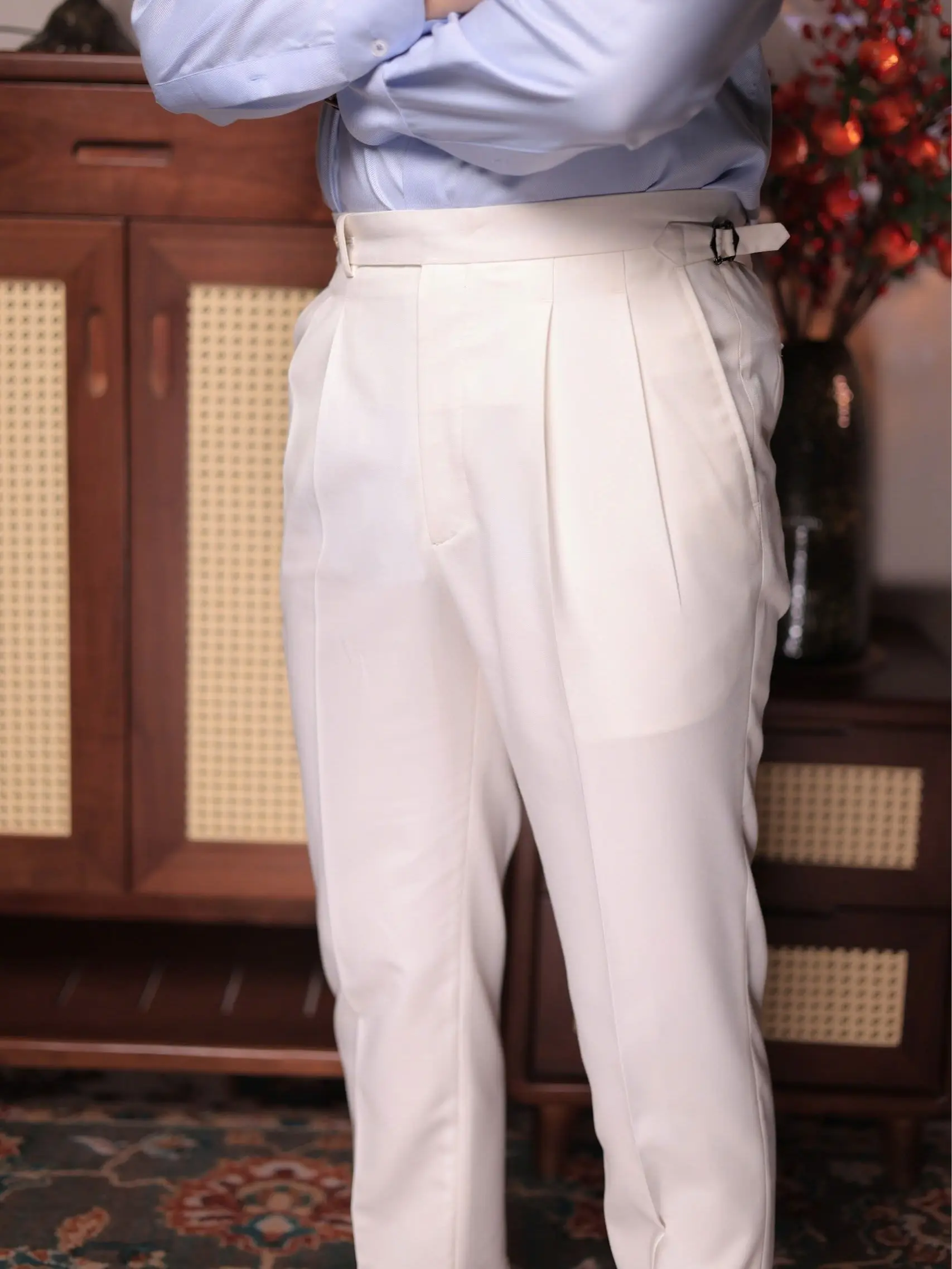 Quần âu sidetab cạp cao chất cotton blend 2 ly ống lơ vê - BURATINO