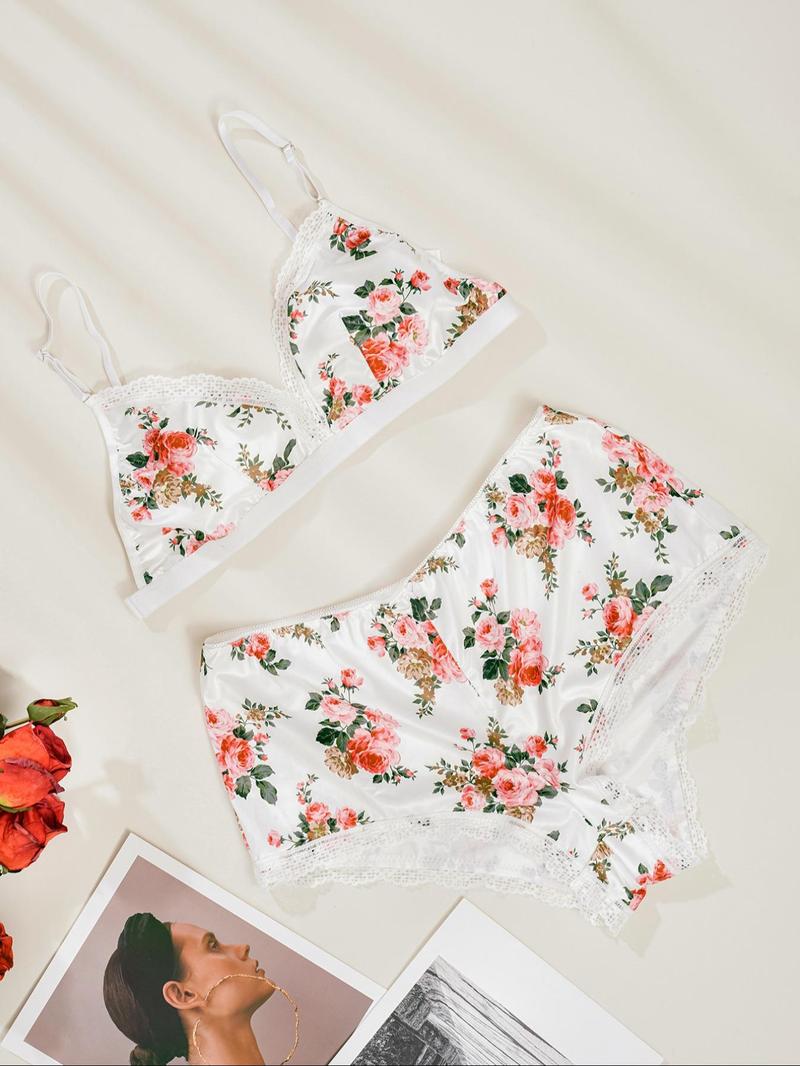 Product Introduction of Two-piece Set Women's Floral Print Contrast Lace Push Up Bra & Panty Set, Adjustable Strap Triangle Lingerie Top & Knicker, Women's Underwear Set for All Seasons, Naughty Lingerie 3