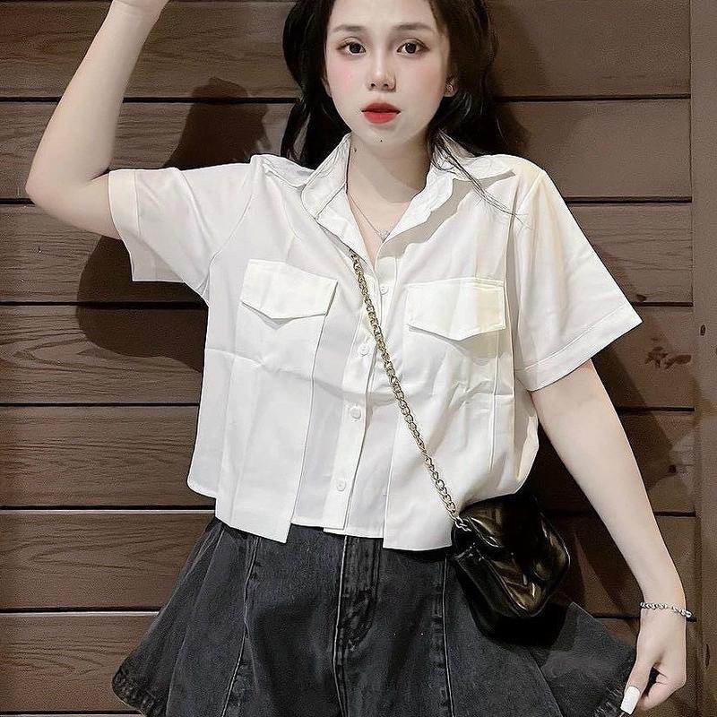 Áo sơ mi bigsize nữ tay ngắn cổ bẻ dáng ngắn kèm túi 2 bên áo dài qua thân áo cách điệu chất lụa chéo mềm mịn - SM162