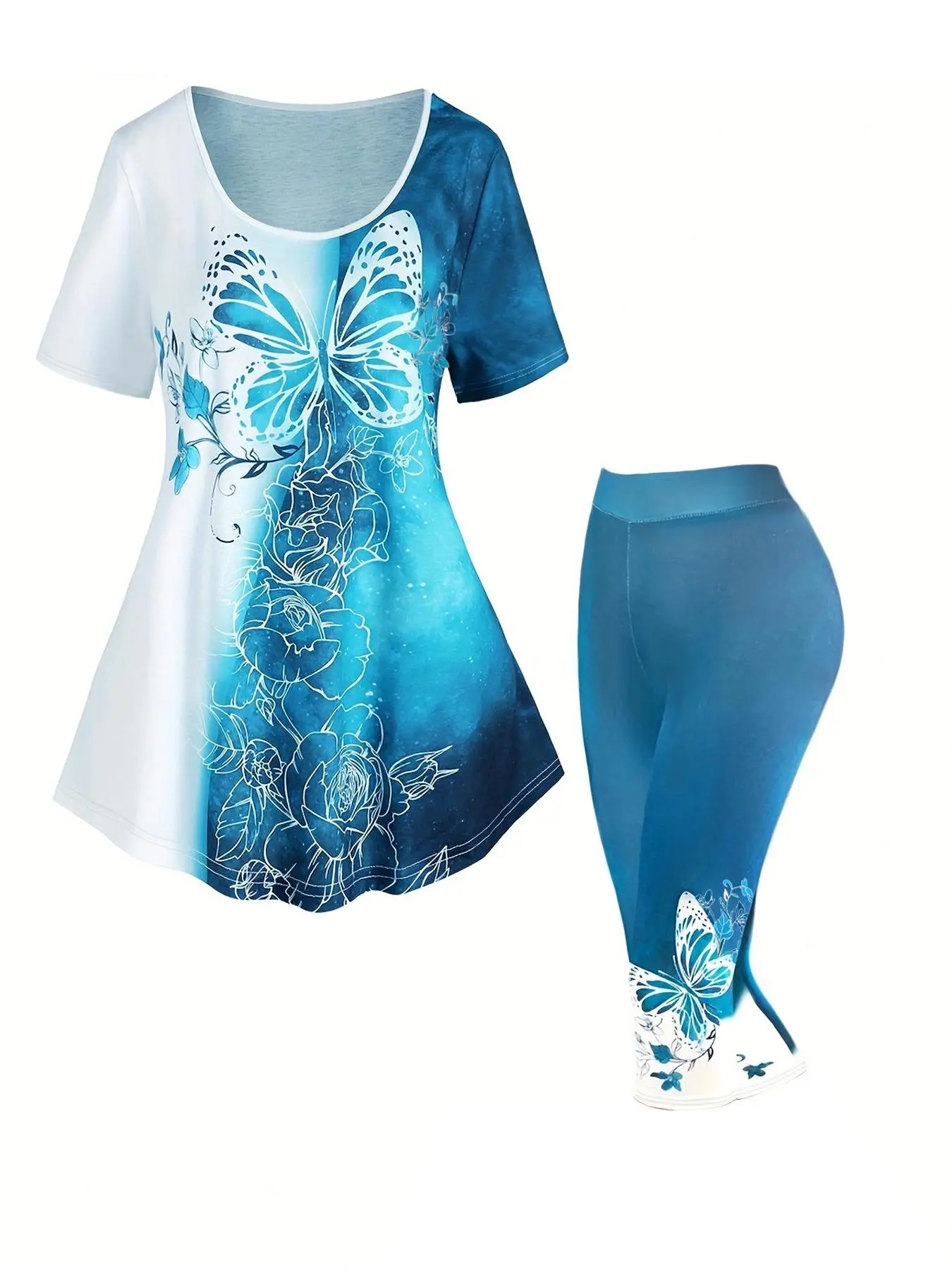 Two-Piece Set Plus Size Colorblock Butterfly Floral Print Scoop Neck Tee & Skinny Capris Pants Set, Casual Short Sleeve T-Shirt & Capri Trousers for Daily Wear, Co ord Set Summer