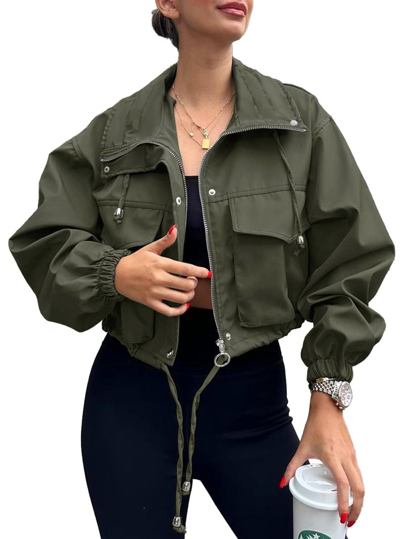 Product Introduction of Women's Solid Zip Up Crop Jacket, Casual Fashionable Pocket Lightweight Outerwear, Ladies Spring & Fall Clothes, Clothes for Women 4