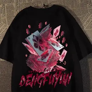 Merek trendi jalanan Amerika kartu poker merah muda katun murni lengan pendek T-shirt untuk pria dan wanita suasana musim panas gaya jalanan lengan pendek pasangan atasan