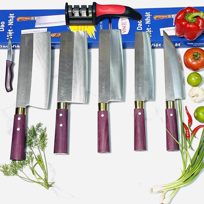 combo 5 dao nhà bếp thép trắng chống rỉ cán gỗ cẩm tím 0