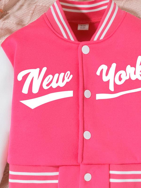 Toddler Girl's Colorblock Letter Print Button Front Varsity Jacket, Street Casual Long Sleeve Collared Outerwear for Fall & Winter, Kids Clothes for Daily Wear 6