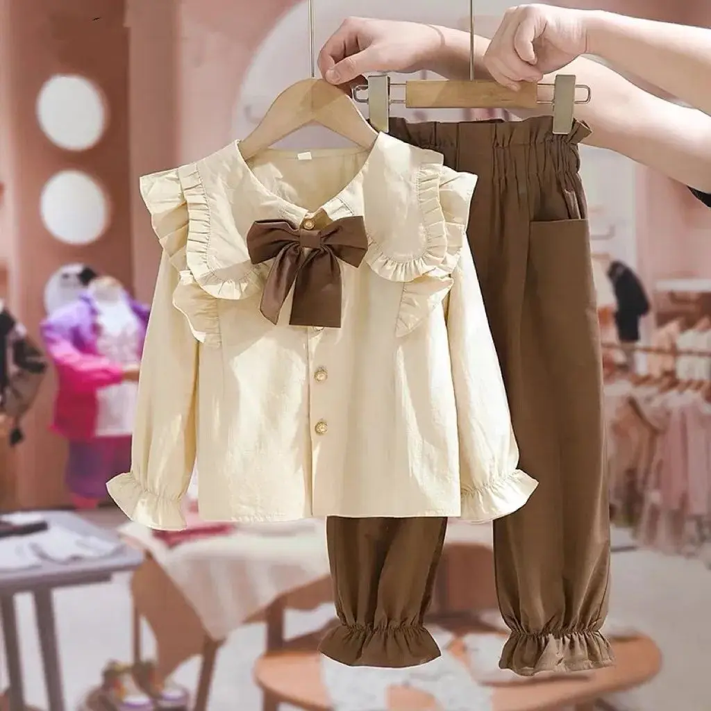 Pakaian baju perempuan, Gaya Barat baharu, kanak-kanak sederhana dan besar, retro, kolar Peter Pan, baju, seluar berjalur buku lali, set dua helai, musim bunga dan musim luruh