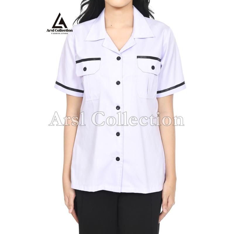 Atasan PDH Wanita – Baju Kemeja  Dinas Putih List Hitam,Polos  Formal & Nyaman 1