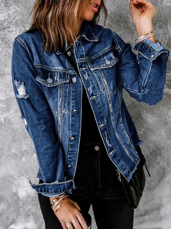Women's Plain Ripped Button Front Denim Jacket, Casual Long Sleeve Collared Raw Hem Jacket for Daily Wear, Ladies Clothes for All Seasons 7