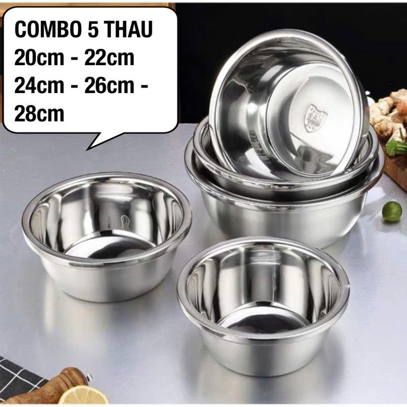 Combo 5 Thau Inox Cao Cấp Đủ Size (20cm-22cm-24cm-26cm-28cm) Đựng Thực Phẩm, Rửa Rau Củ Quả - Chất Liệu Inox, Bề Mặt Bóng Loáng, Không Bám Mùi, Bám Màu Thực Phẩm
