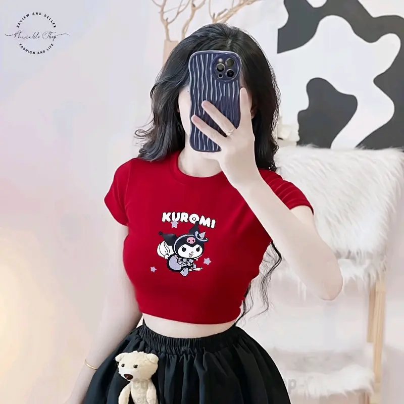 Áo Croptop Borip Ôm Body Nữ Form Basic Cổ Tròn Tay Ngắn In Hình Kuromi02, MLS243, Women Sò Sen Hoa Sen Dáng Ngắn Thun Trắng 3