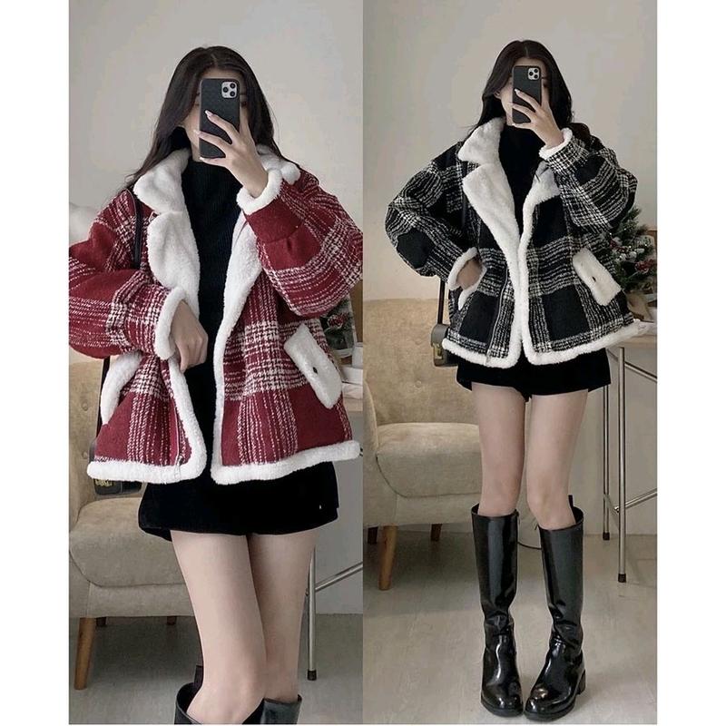 áo khoác dạ form rộng kẻ caro lót lông cừu hàng quảng châu cao cấp áo khoác phao  trần áo  khoác Nữ