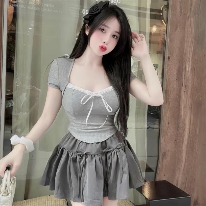 Sét Áo Kiểu Ren Nơ + Mix chân váy bí có lót quần bên trong ( Bigsize :50-90kg ) Nữ Women | BigBuy360 - bigbuy360.vn