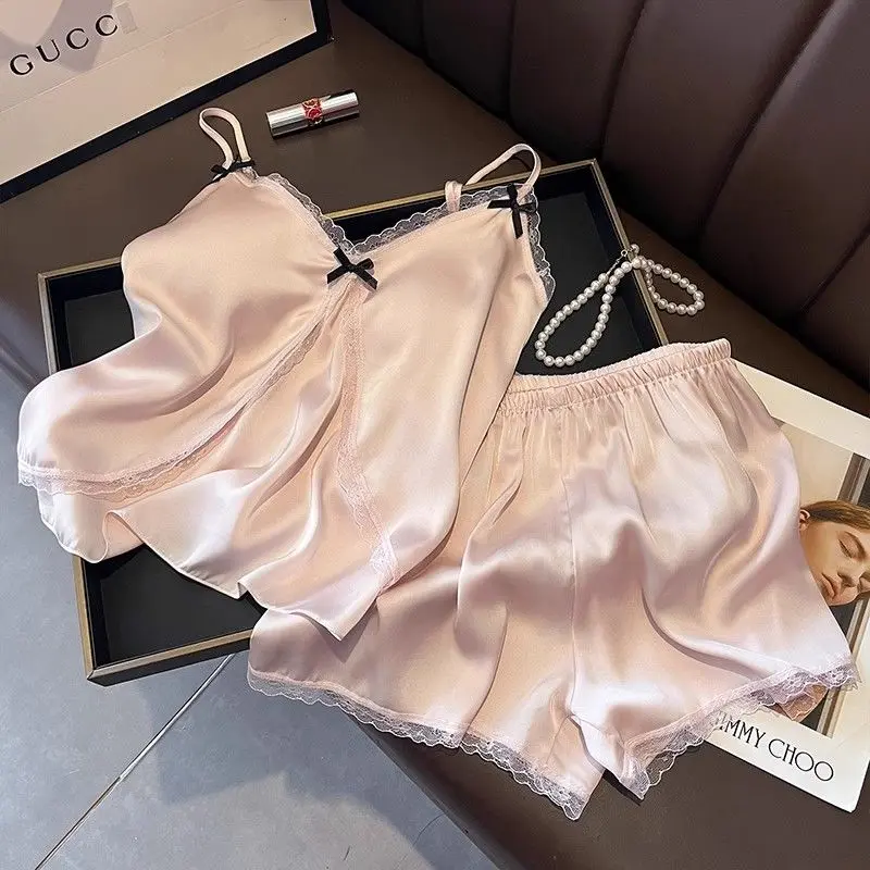 Đồ Ngủ Hai Dây Lụa Lạnh Đồ Mặc Nhà Cho Nữ, bộ đồ ngủ 2 dây，Gợi Cảm Và Ren, Có Đệm Ngực Băng,váy ngủ lụa sang chảnh
