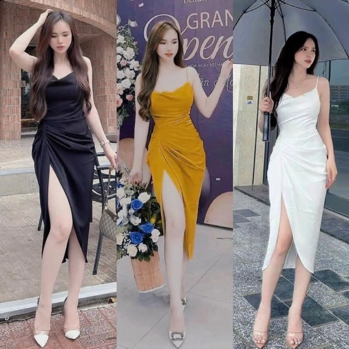 Đầm dự tiệc 2s cổ đổ xẻ tà bên thanh lịch Nữ Women Dress Kem Thun