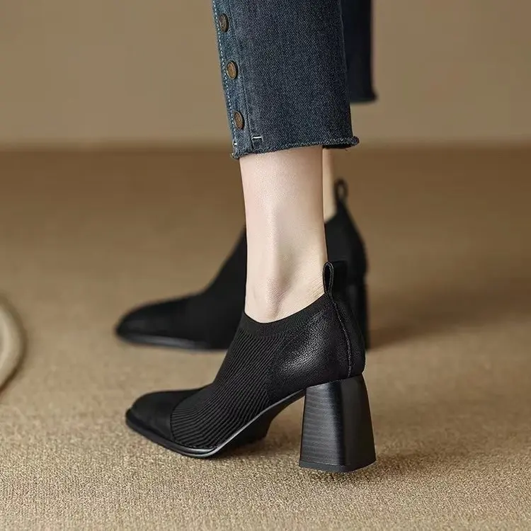 Giày Cao Gót Và Bốt Dưới Bằng Da Mềm Cho Nữ, Giày Cao Gót Mũi Vuông Retro Kiểu Pháp, Chunky, Cắt Sâu, Mới Hoa Shoes Đế Cao 1