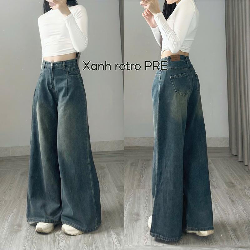 Quần jean suông ly trước ống ống rộng cạp cao dáng dài quàn dài quét đất 8