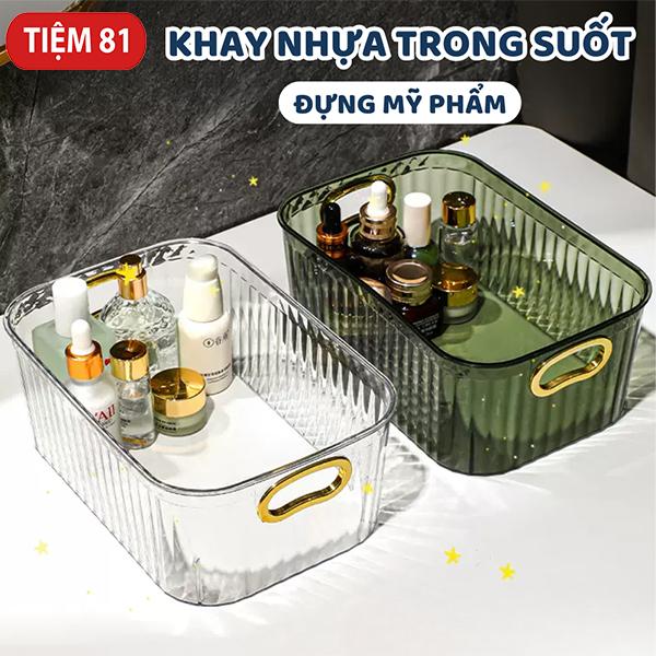 Khay nhựa trong suốt đựng mỹ phẩm có tay cầm đựng đồ để bàn, kệ đựng dụng cụ trang điểm đa năng gọn gàng Rổ Giỏ