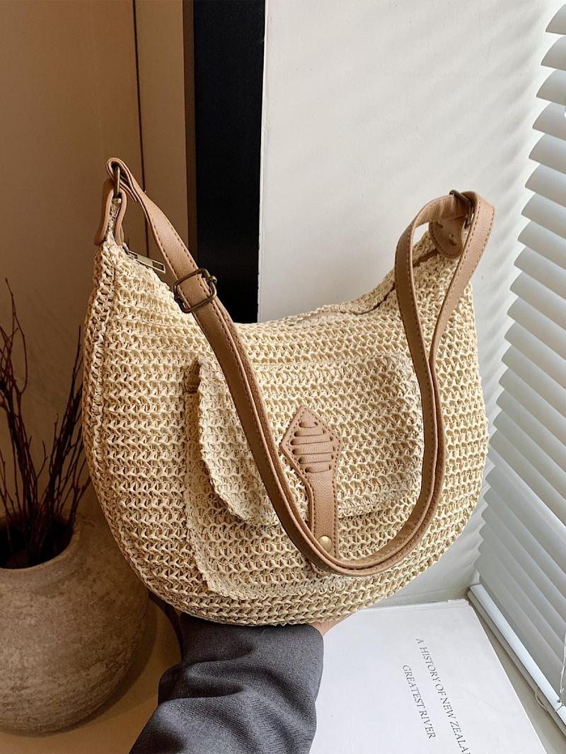 Product Introduction of Women's Fashionable Straw Bag, Large Capacity Crossbody Bag with Small Bag Inside, Casual Versatile Shoulder Bag for Daily Used 5