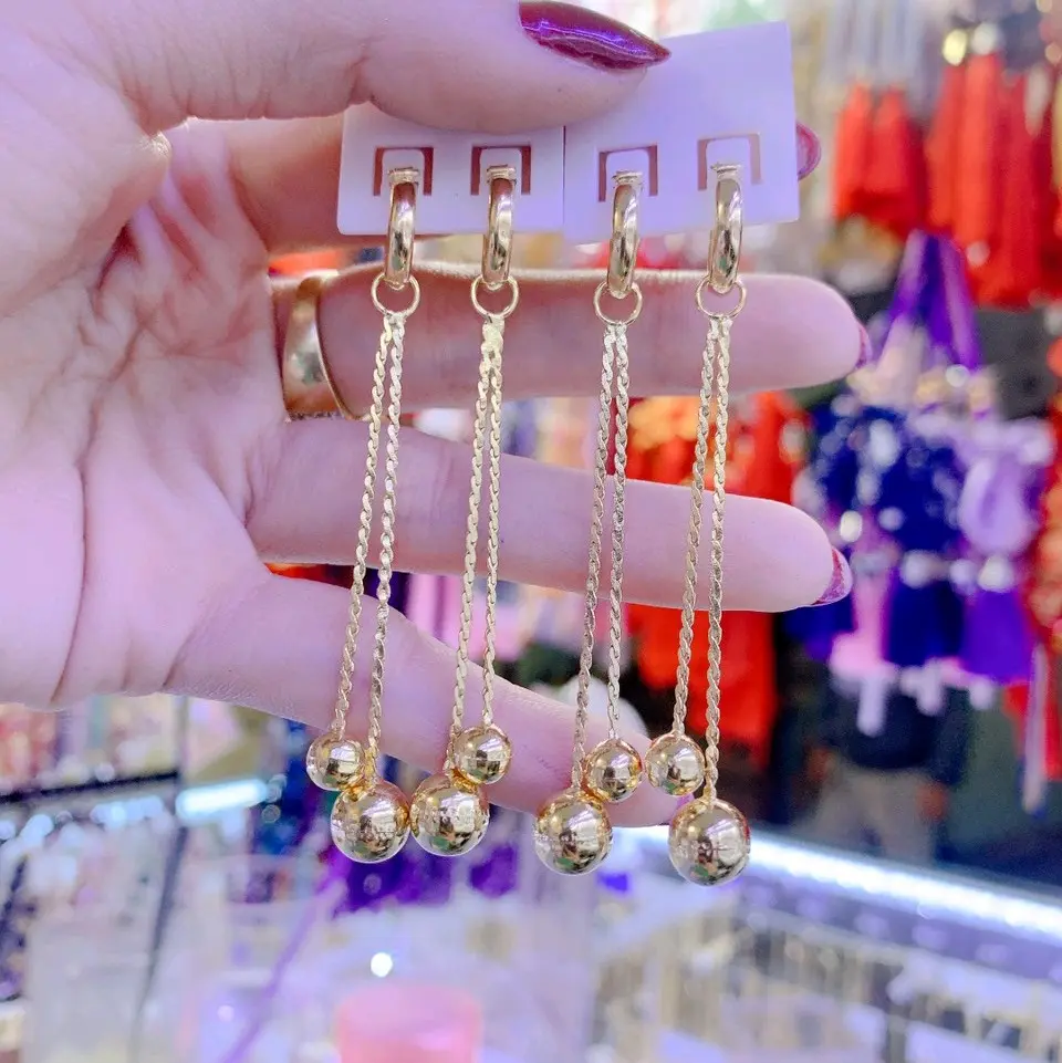 B99. Bông tai 2 tua châu vàng non cao cấp Women Hoa Tai Khuyên Tai Nữ