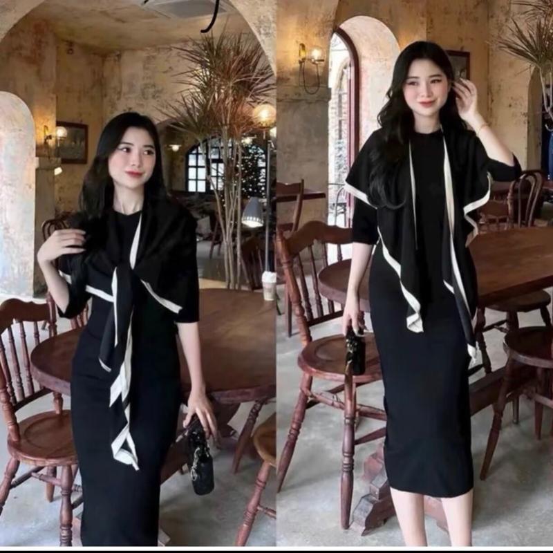 ￼Váy bầu Đầm bầu mùa đông váy Len Lông Thỏ Mềm Mịn Cổ Tròn Dáng Body Dài Kèm Khăn Choàng Vai  Nữ Women Dress