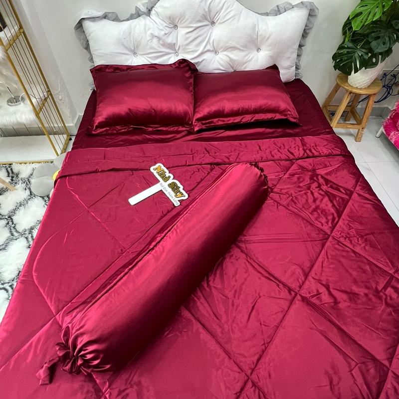 Bộ Chăn Gra Phi Lụa 5 Món Màu Đỏ Đô - Set 4 món không mền , set 5 món có mền - Nhà Shy