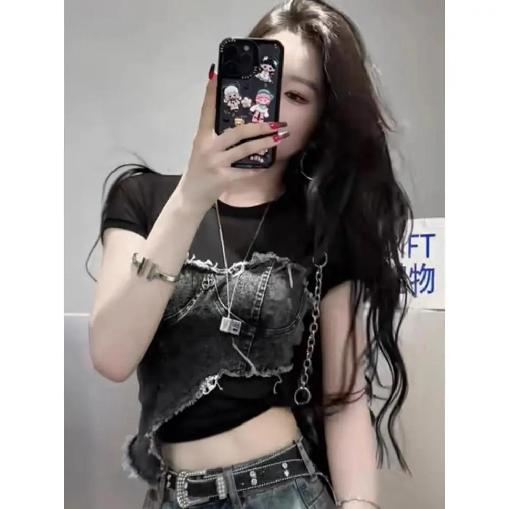 Áo Thun ngắn Tay Lưới Chắp Vá, Denim Khâu, Hàng Mới Về Mùa Hè Của Phụ Nữ, Phong Cách Hàn Quốc, Ngắn Và Mỏng, Áo Lớp Nền Dễ Thương Và Gợi Cảm
