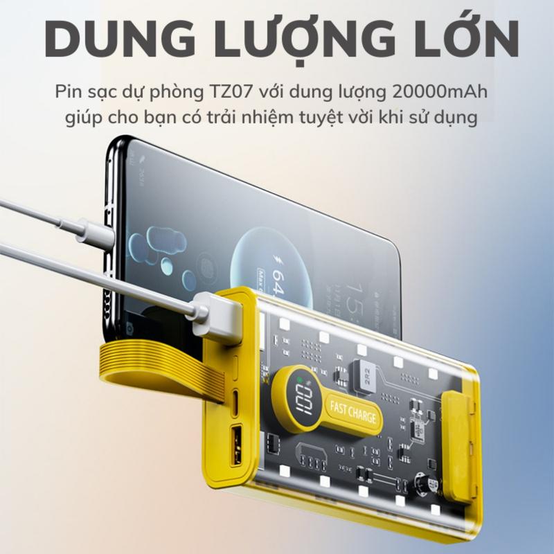 Sạc Dự Phòng Trong Suốt 20000mAh TZ66 Với 2 Cổng Sạc Nhanh 22.5w và PD 20W Màn Hình LED- TECHZONE Sạc Pin Dự Phòng Đèn