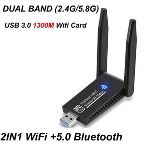 Kad Rangkaian Wayarles, USB 3.0 WiFi Bluetooth 5.0, Penyesuai 1300M 802.11ac, Antena AC1300, Jalur Dwi, Serasi dengan Penyesuai Komputer Riba Office