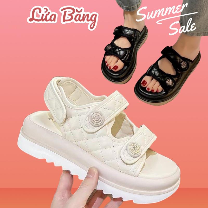 Sandal Nữ 2 quai đế cao quai dán khâu trần trám  QC GiàY Shoes Dép quai dán đế cao hoa trà (form to, đi lùi 1 size) depnu