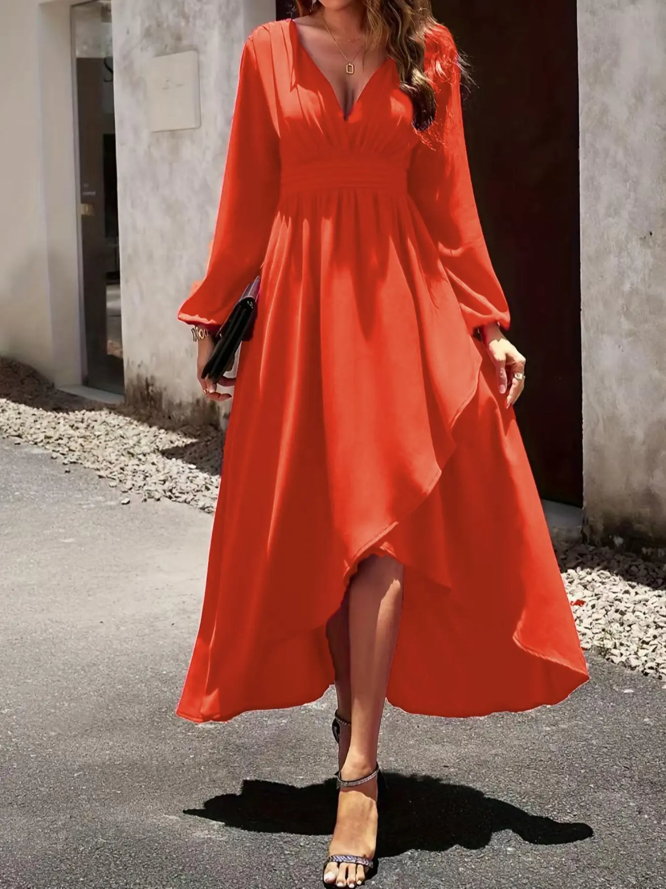 Women's Plain Shirred High Low Wrap Tie Back A Line Dress, Elegant Bishop Sleeve V Neck Long Sleeve Dress for Vacation Holiday Wedding Guest, Ladies Clothes for All Seasons