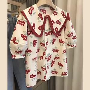 ฤดูร้อนใหม่หวานและน่ารักหลวมแขนพัฟดอกไม้ stringy selvedge ขอบตุ๊กตาคอปกแขนสั้นเสื้อด้านบน ผู้หญิง Women