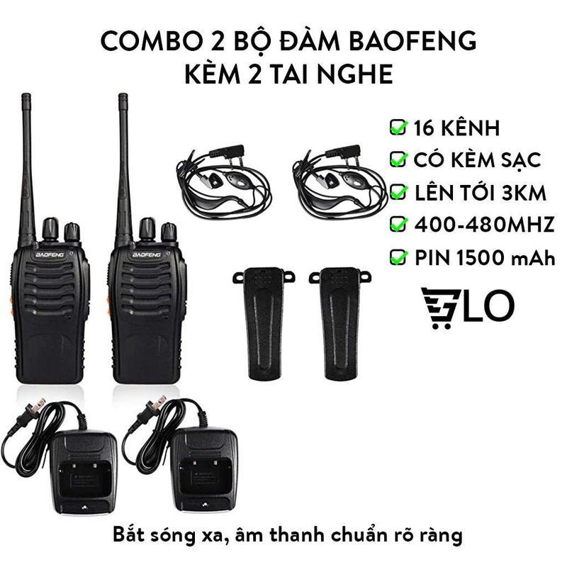 Combo 2 Cái Bộ Đàm Baofeng BF888S Kèm Tai Nghe Cự Ly Đến 5km Full Phụ Kiện, 16 Kênh Tần Số 400.00- 470.00MHz