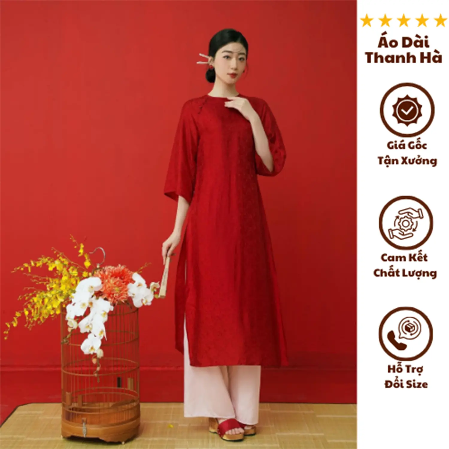 Áo Dài Cách Tân Dáng Xuông, Màu Đỏ Trung ,Chất Gấm Tơ Mềm, Đính Cúc Bọc, Trẻ Trung,Tôn Da Dress Nữ aodai  truyenthong Women