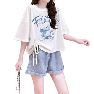 เสื้อยืด ผ้าฝ้าย แขนสั้น ลายการ์ตูน ขนาดเล็ก แฟชั่นผู้หญิง ฤดูร้อน 2024 สไตล์สั้น สายรัด ดีไซน์สวยสุดๆ Clothing Lady Women Tshirt