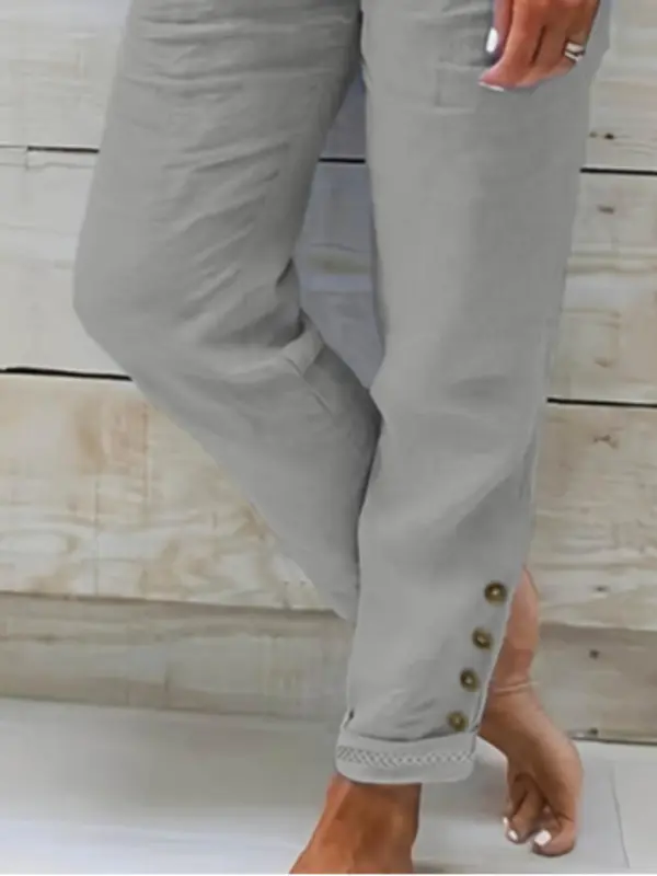 【Plus Size】 Solid Color Button Decor Pants, Casual Comfy Trousers for Daily Wear, Women's Bottoms for Summer 4