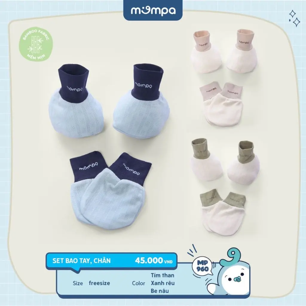 Set bao tay chân mũ sơ sinh cho bé Mompa vải sợi tre Bamboo co giãn mềm mại mát 960 961