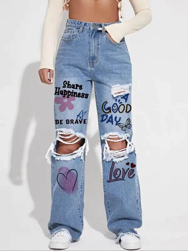Women's Ripped Jeans, Casual Comfy Button Pocket Denim Trousers for Summer, Fashion Women's Bottoms for Daily Wear 4