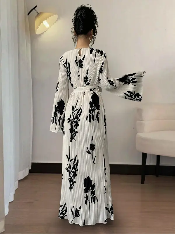 Women's Floral Print Belted Flounce Sleeve Dress, Elegant Long Sleeve Round Neck A Line Dress for Spring & Fall, Women's Clothing for Daily Wear, Wedding Guest Dresses 1