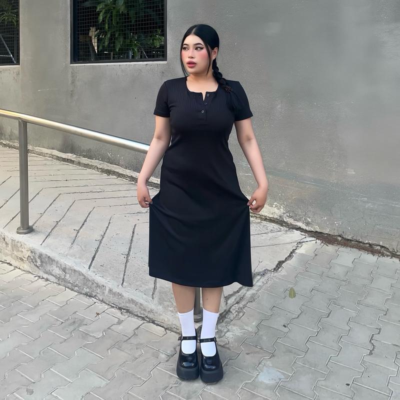 [Bigsize 60-85kg] Đầm dáng dài cổ tròn Naomi phong cách basic vải thun gân mỏng nhẹ mặc thoải mái, phù hợp đi chơi cuối tuần