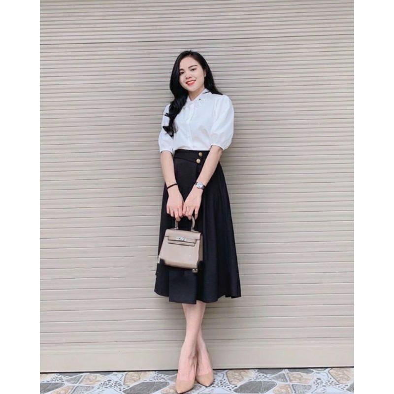 cv 2 cúc- chân váy xoè dài qua gối