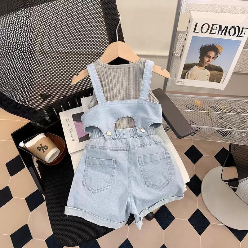 Setelan Anak Perempuan Import 3in1 Jumpsuit Jeans Kaos Rib Tanpa Lengan Kancing 1